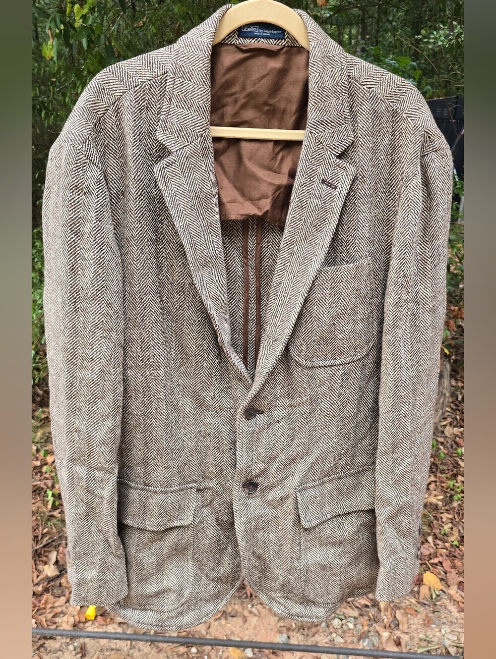 Vintage Tweed Herringbone Polo Ralph Lauren Sport Coat - Brown Cream Sz 46R.